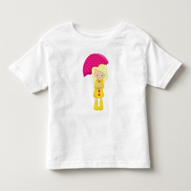 Camiseta Infantil Menina de Casaco de Chuva, Menina com Guarda-Chuva (Frente)