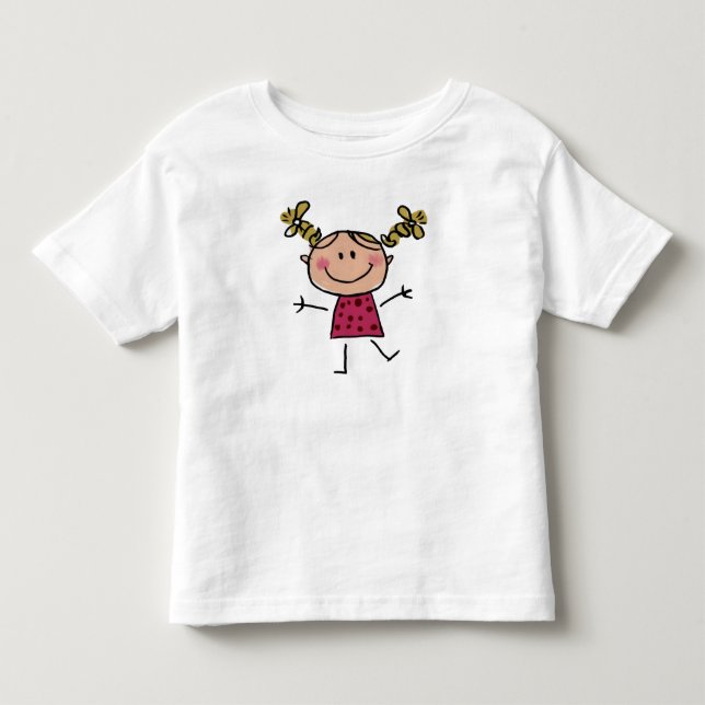 Camiseta Infantil Menina do Stick Feliz Aquarela Vestido Rosa Elegan (Frente)