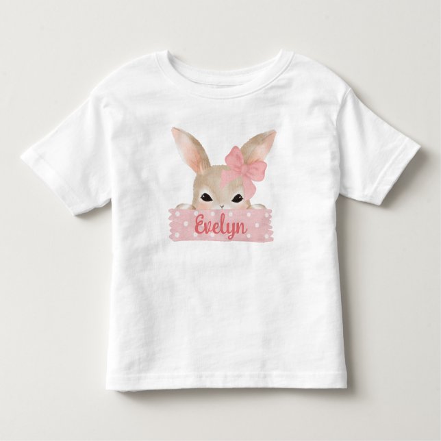 Camiseta Infantil Meninas Coelho da Páscoa Aquarela Rosa  (Frente)