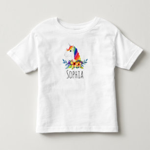 Camiseta Infantil Meninas Cute Watercolor Rainbow Unicórn e Nome