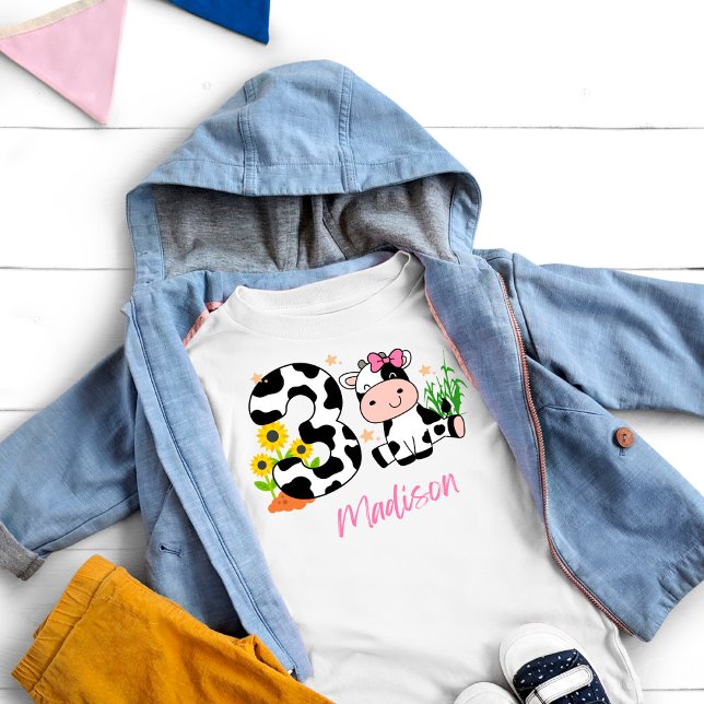 Camiseta Infantil Meninas Vaca Fofa Aniversário de 3 anos (Criador carregado)