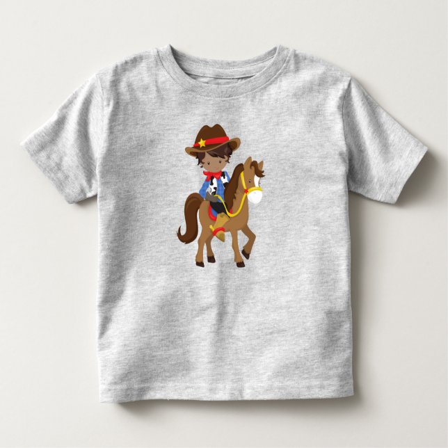 Camiseta Infantil Menino Afro-Americano, Cowboy, Xerife, Cavalo (Frente)