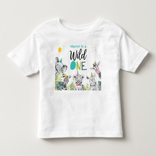 Camiseta Infantil Menino Animais de Festa de Aniversário Selvagem Um (Frente)