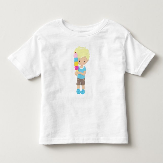 Camiseta Infantil Menino Com Sorvete, Cabelo Louro, Casquinha de Sor (Frente)