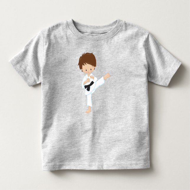 Camiseta Infantil Menino do Karate, Menino Fofo, Cabelo Castanho, Fa (Frente)