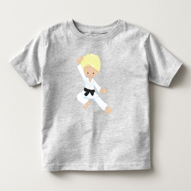 Camiseta Infantil Menino do Karatê, Menino Fofo, Faixa Preta, Cabelo (Frente)