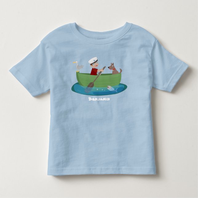 Camiseta Infantil Menino marinheiro fofo e cachorro remando barco de (Frente)