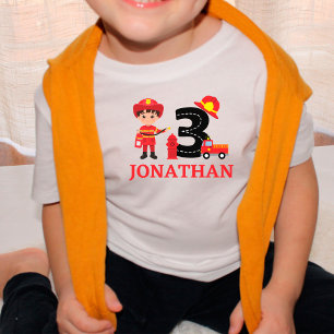 Camiseta Infantil Meninos Bonito Aniversário de 3 anos Bombeiro Cami