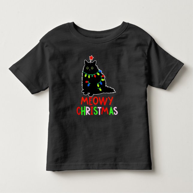 Camiseta Infantil Meowy Christmas Xmas Lights Black Cat Pajamas  (Frente)