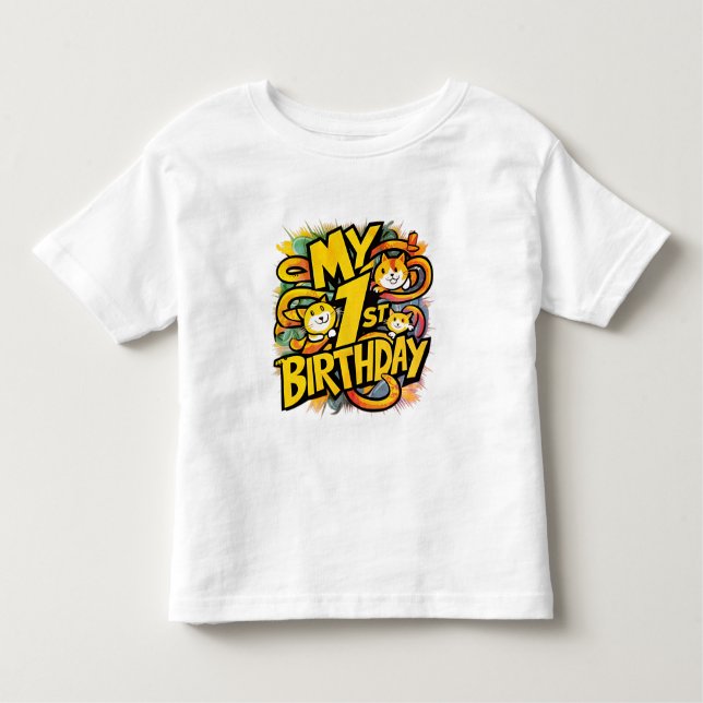 Camiseta Infantil Meu 1º Aniversário Com Gatos (Frente)