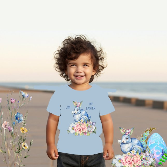 Camiseta Infantil Meu 1º Floral de Páscoa Grinalda Coelho Azul Flor  (My 1st Easter Floral Wreath Blue Rabbit Pink Bloom Toddler T-shirt)