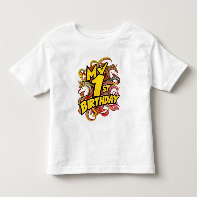 Camiseta Infantil Meu primeiro aniversario Com Unicórnios (Frente)
