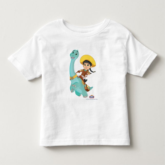 Camiseta Infantil Min & Clover | Cowgirl Feliz & Brontosaurus Ride (Frente)
