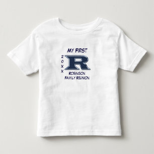 Camiseta Infantil Minha Primeira Família - Reunião Azul - Letra R 