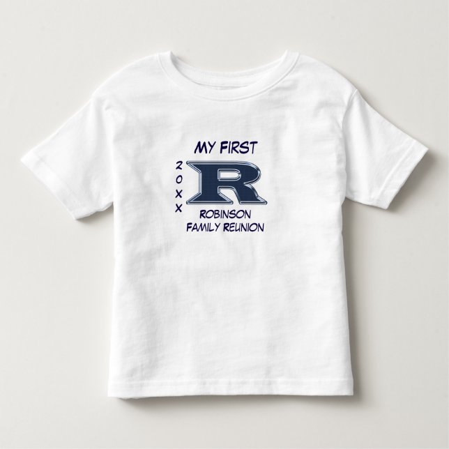 Camiseta Infantil Minha Primeira Família - Reunião Azul - Letra R Mo (Frente)