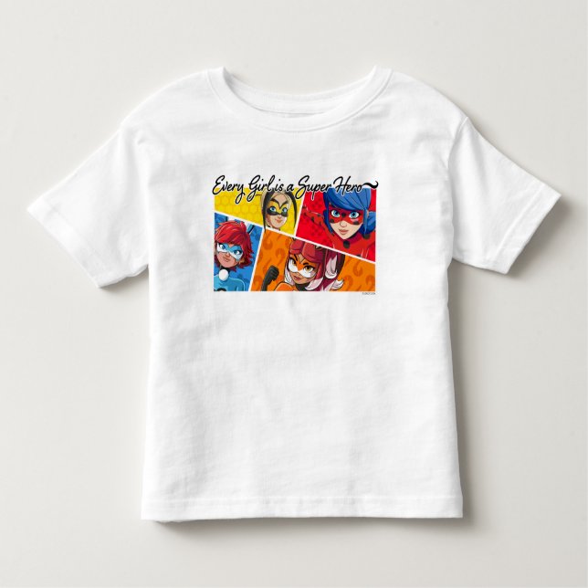 Camiseta Infantil Miraculosa Todas as Raparigas é Super Herói (Frente)