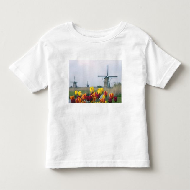 Camiseta Infantil Moinhos de vento e tulipas ao longo do canal em (Frente)