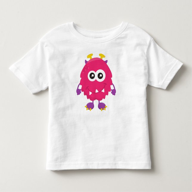 Camiseta Infantil Monstro Bonito, Monstro Rosa, Cornos, Monstro Engr (Frente)