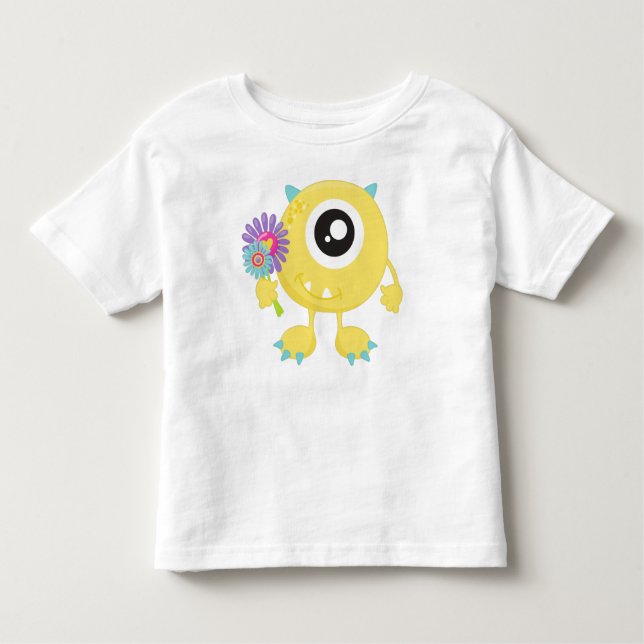 Camiseta Infantil Monstro primavera, Monstro Amarelo, Flores, Cornos (Frente)