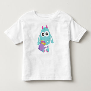 Camiseta Infantil Monstro primavera, Monstro Azul, Flores, Cornos