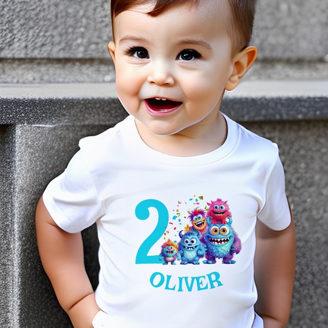 Camiseta Infantil Monstros Bonitos Nome de Aniversário Boy Toddler T (colorful toddler t-shirt with little monsters for Birthday)