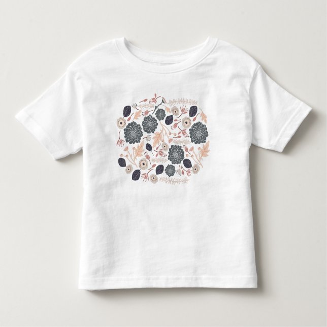 Camiseta Infantil Motif de Repetição Floral de Pêssego Azul de Cinza (Frente)