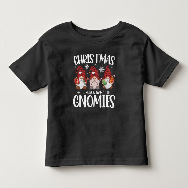 Camiseta Infantil Natal Com Meu Gnomos Buffalo Red Xadrez Gnomo (Frente)