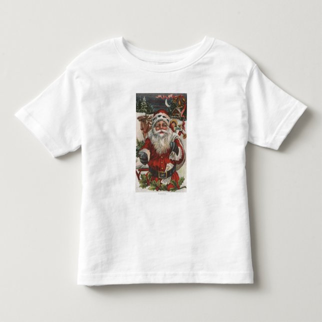 Camiseta Infantil Natal GreetingSanta com cervos e miúdos (Frente)