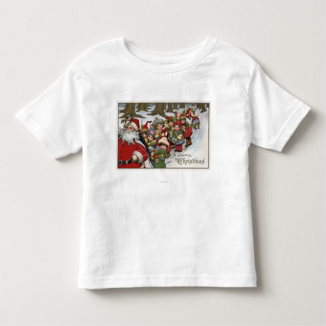 Camiseta Infantil Natal GreetingSanta e ajudantes (Frente)