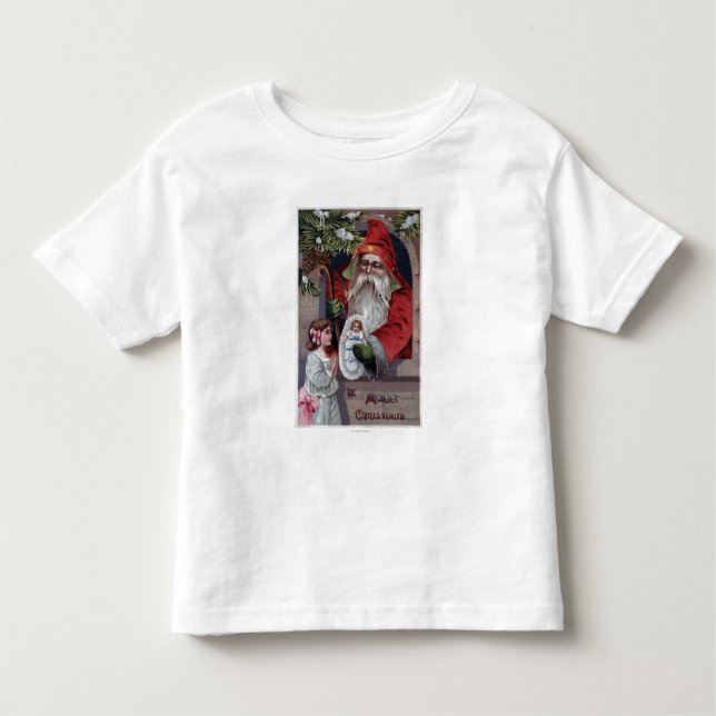 Camiseta Infantil Natal GreetingSanta que dá a boneca (Frente)