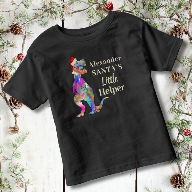 Camiseta Infantil Natal Personalizado do Dinossauro T-Rex para Crian (Personalized Kids Name christmas dinosaur T-Shirt Funny festive quote Santas little helper)