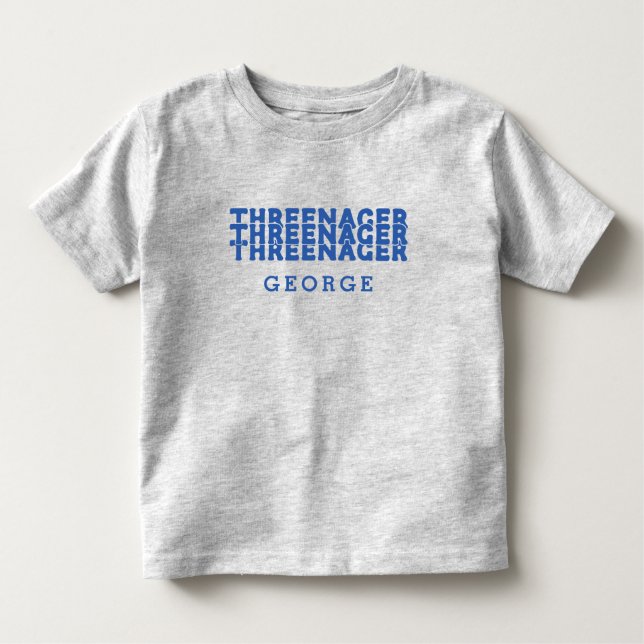 Camiseta Infantil Nome com Letra Retrô Threenager Azul (Frente)