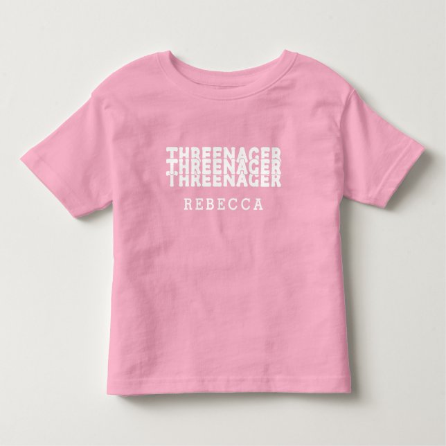 Camiseta Infantil Nome com Letras Retrô Threenager Branco (Frente)