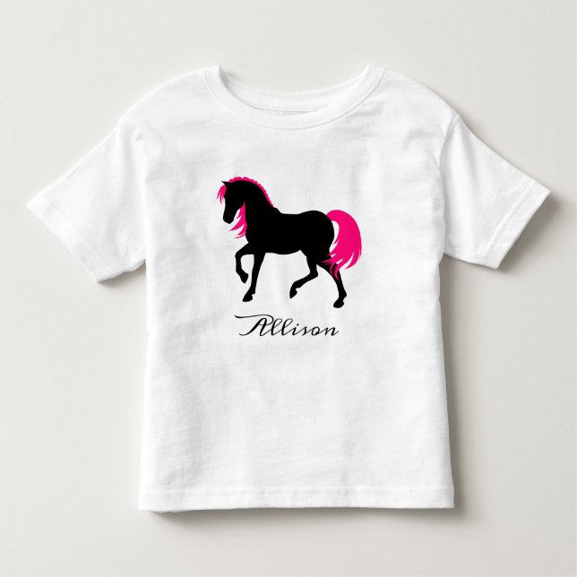 Camiseta Infantil Nome da Adição de Cavalo Branco Branco e Rosa Quen (Frente)