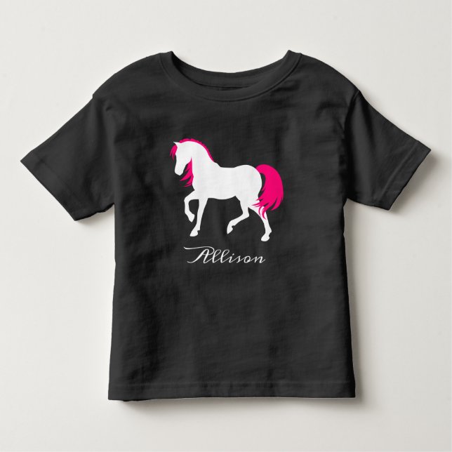 Camiseta Infantil Nome da Adição de Cavalo Branco Branco e Rosa Quen (Frente)