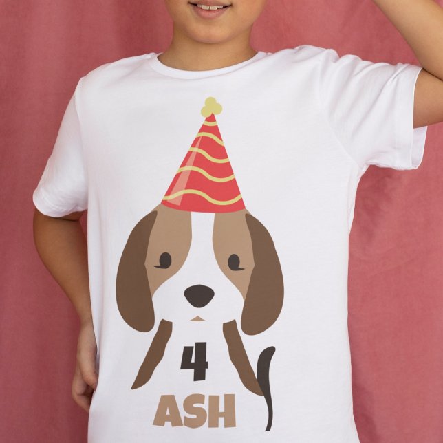 Camiseta Infantil Nome de cachorro fofo para crianças & Idade de Ani (birthday t-shirt with age and name puppy dog with party hat )