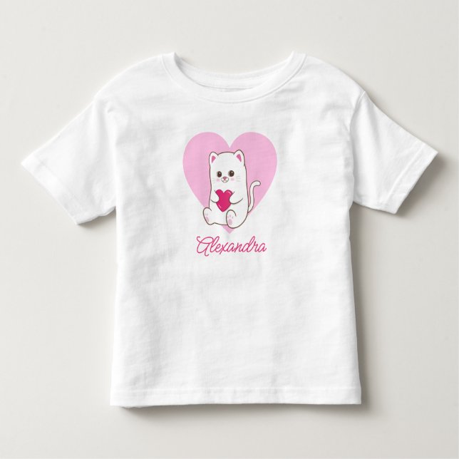 Camiseta Infantil Nome de Gato Rosa Kawaii Personalizado Coração (Frente)