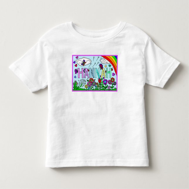 Camiseta Infantil Nome de Menina Hannah Flores Caprichosas, Arco-íri (Frente)