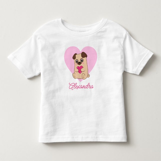 Camiseta Infantil Nome de Pug Cardíaco Rosa Kawaii Cute Personalizad (Frente)
