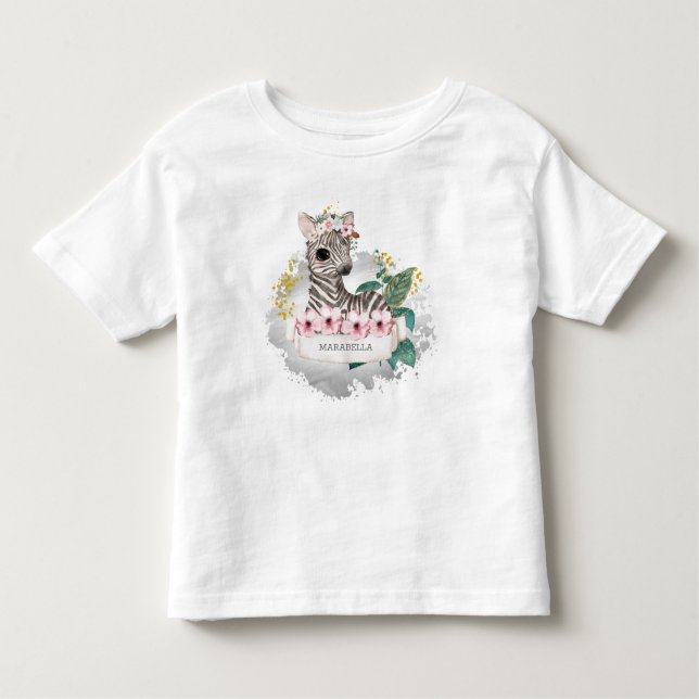 Camiseta Infantil *~* Nome do Bebê Zebra Flores Selva Doce Rapariga (Frente)