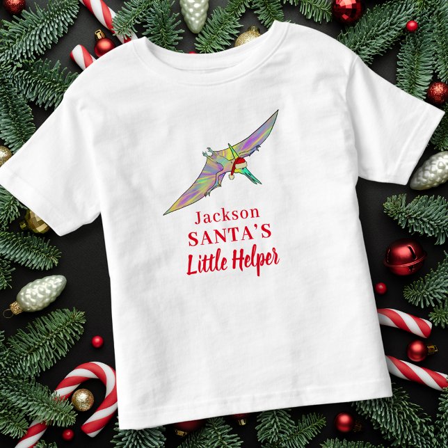 Camiseta Infantil Nome do Menino Personalizado do Dinossauro de Nata (Christmas dinosaur personalized kid name Santas little helper quote Pterodactyl flying festive dino )