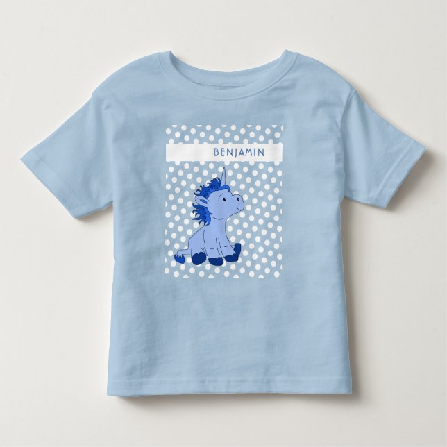 Camiseta Infantil Nome do Padrão de Bolinhas Unicórn Azul-Cinto (Frente)