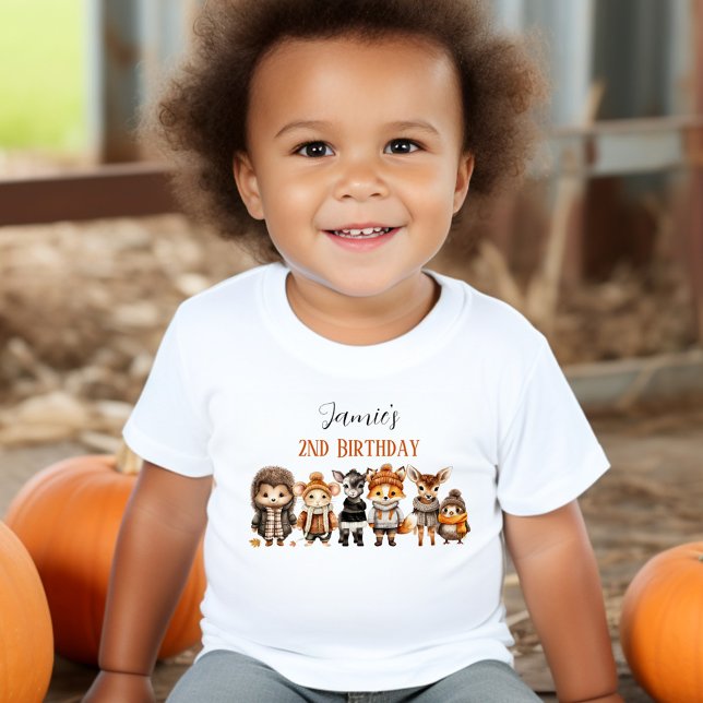 Camiseta Infantil Nome do segundo aniversário de Animais da Floresta (Fall Friends Cute Animals 2nd Birthday Name Toddler T-shirt)