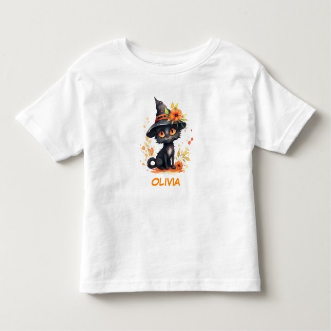 Camiseta Infantil Nome Personalizado de Gato do Doce Halloween (Frente)