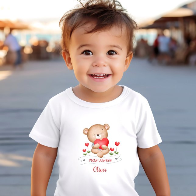 Camiseta Infantil Nome Personalizado do Menino Namorados do Urso Bon (Cute Bear Mister Valentine Boy Personalized Name Toddler T-shirt)