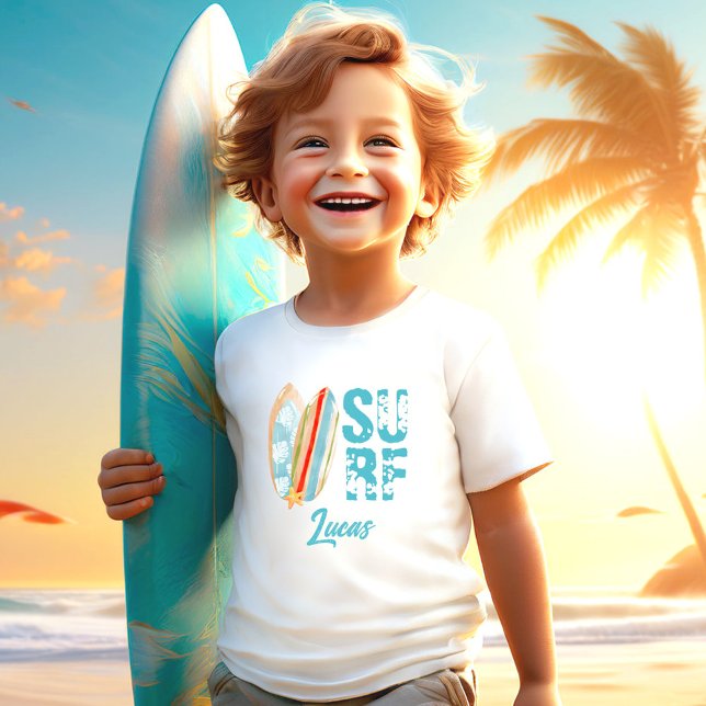 Camiseta Infantil Nome Personalizado do surf Summer Beach Boy (Surf Summer Beach Boy Custom Name Toddler T-shirt)