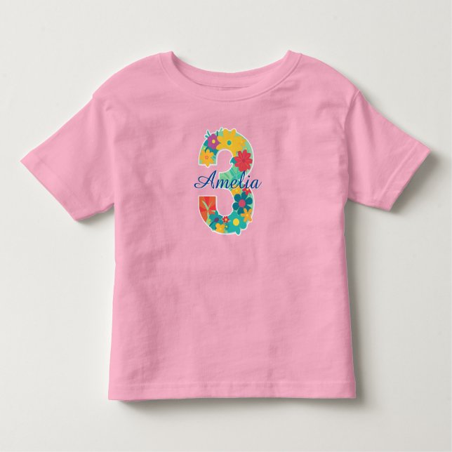 Camiseta Infantil Nome personalizado em número floral 3-Camiseta par (Frente)