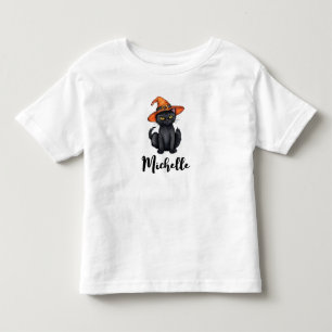 Camiseta Infantil Nome Personalizado Gatinho Preto Fofo de Halloween