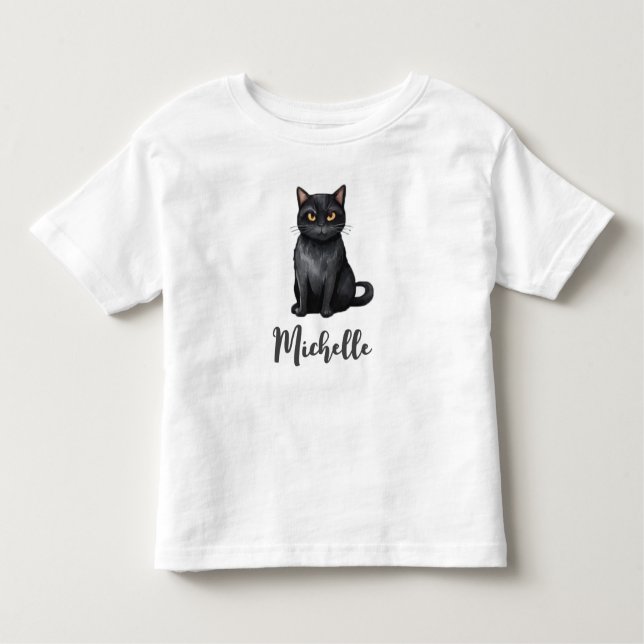 Camiseta Infantil Nome Personalizado Gato Preto Bonito Spooky Hallow (Frente)