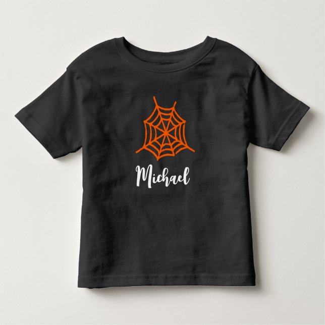 Camiseta Infantil Nome Personalizado Teia de Aranha Laranja Hallowee (Frente)